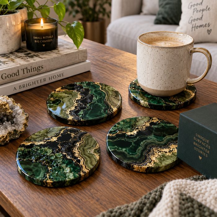 Estilo geoda — posavasos con vetas doradas sobre verde oliva