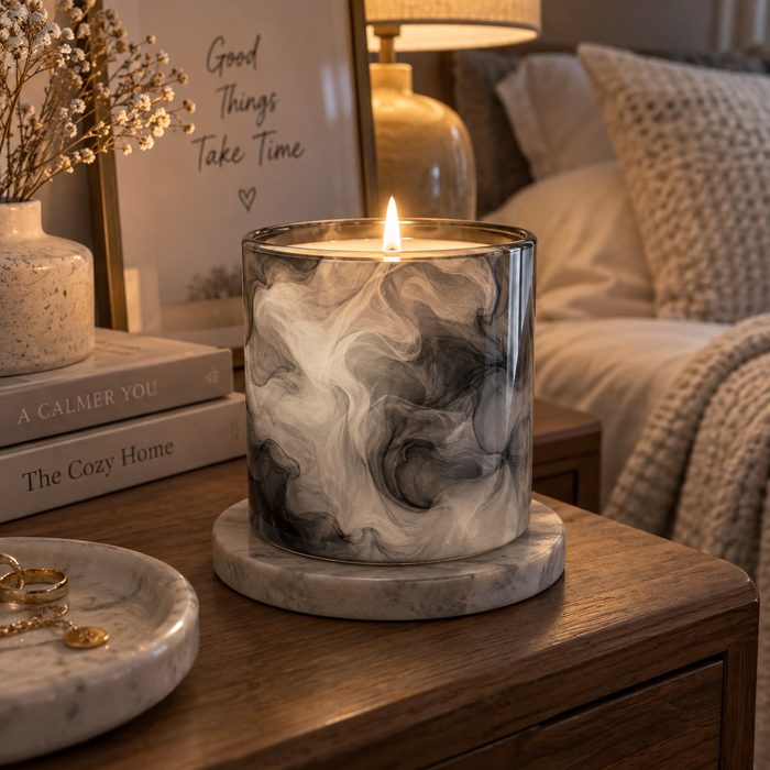 Estilo efecto humo — vela decorativa con marmolado gris y blanco