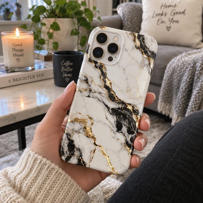 Estilo mármol — funda de celular blanca con vetas doradas