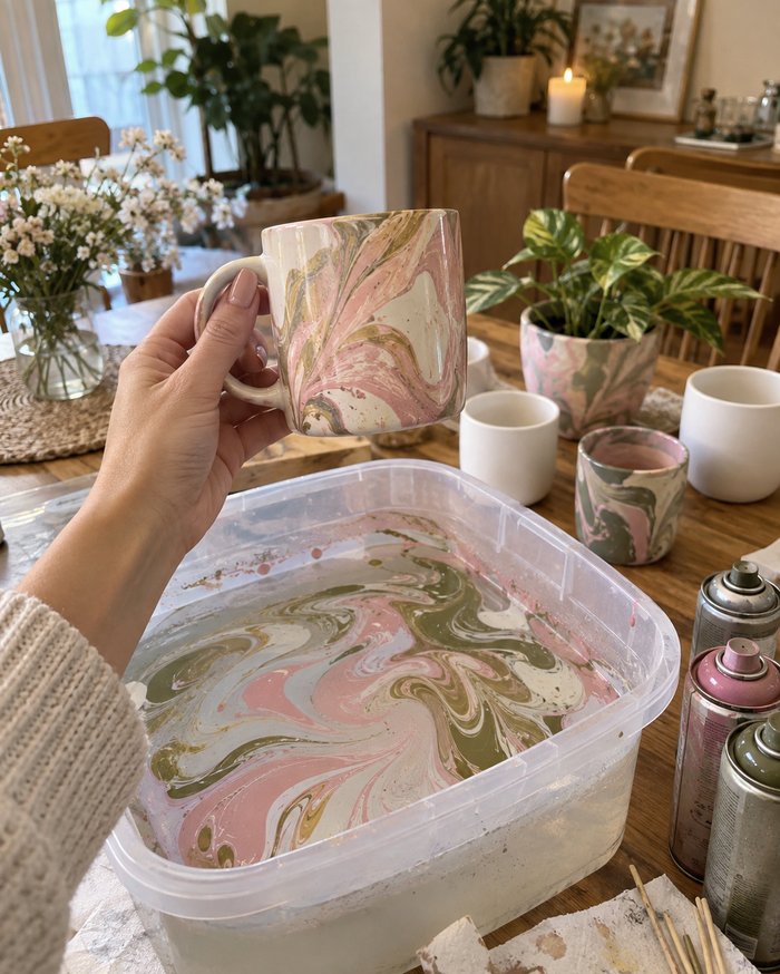 Mano sosteniendo una taza recién hidrosumergida, con el balde de agua marmolada y las piezas terminadas de fondo