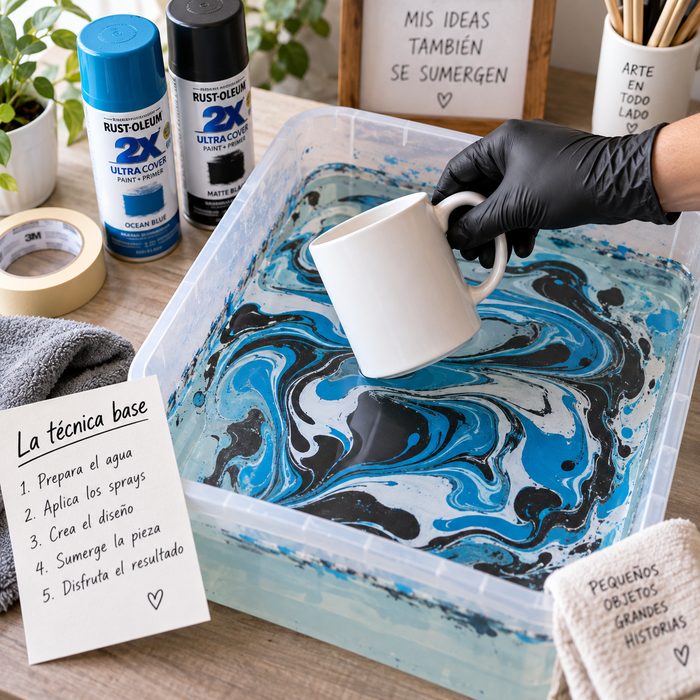 La técnica base — taza sumergida en agua con marmolado azul y negro