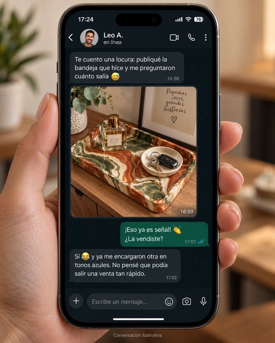 Captura de WhatsApp — Leo contando que vendió la bandeja que hizo y le encargaron otra