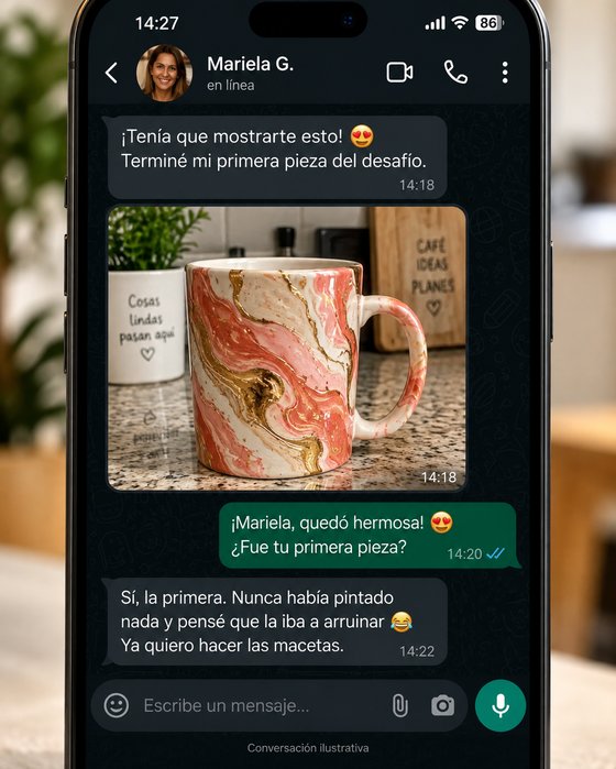Captura de WhatsApp — Mariela mostrando su primera taza terminada