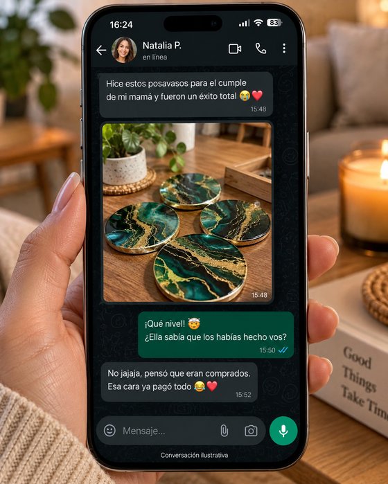 Captura de WhatsApp — Natalia mostrando posavasos que hizo para el cumpleaños de su mamá