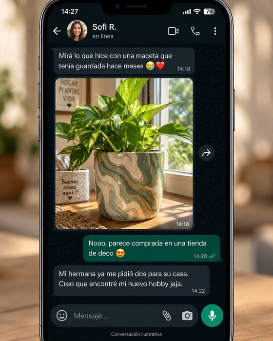 Captura de WhatsApp — Sofi mostrando la maceta que transformó y ya le encargaron más
